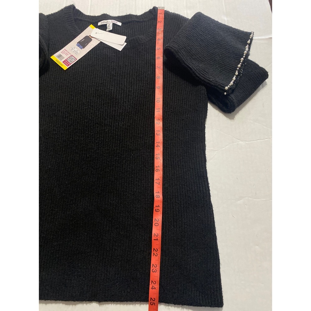 Edited x Hunter McGrady Black Ribbed Pearl Trim Sweater Bell Sleeve Size M NWT - Picture 7 of 7